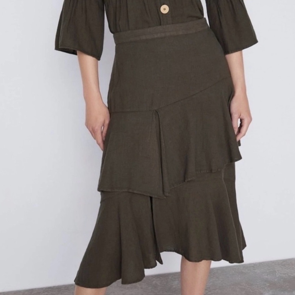 NWT ZARA Army Green Ruffled Linen Cotton Midi Skirt XS